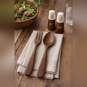 Vintage Mid Century Wood Salad Serving Set w/ Salt & Pepper Shakers Floral Ceram